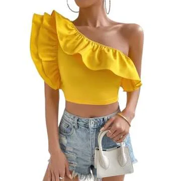 Floerns Women's One Shoulder Butterfly Sleeve Ruffle Trim Party Crop Top Yellow S