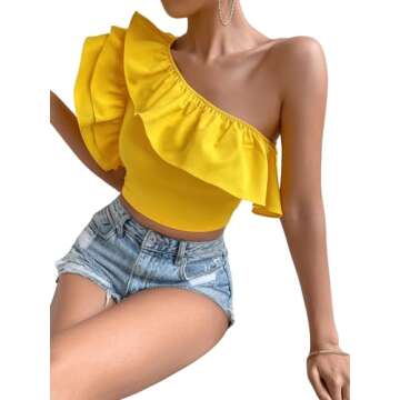 Floerns Women's One Shoulder Butterfly Sleeve Ruffle Trim Party Crop Top Yellow S