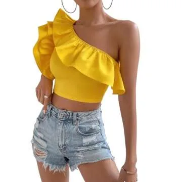 Floerns Women's One Shoulder Butterfly Sleeve Ruffle Trim Party Crop Top Yellow S