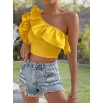Floerns Women's One Shoulder Butterfly Sleeve Ruffle Trim Party Crop Top Yellow S