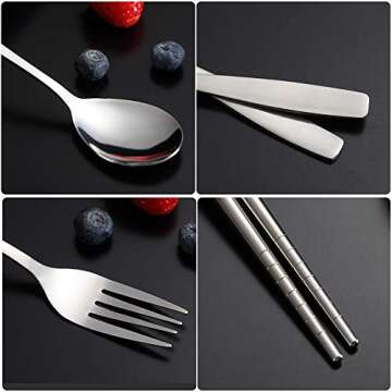 ArderLive Portable Flatware Set, 18/8 Stainless Steel Travel Cutlery Utensil Set, 3-piece Portable Tableware Set includes Spoon, Chopsticks with Case for Outdoor Office, Traveling (Pull-out box+Black)