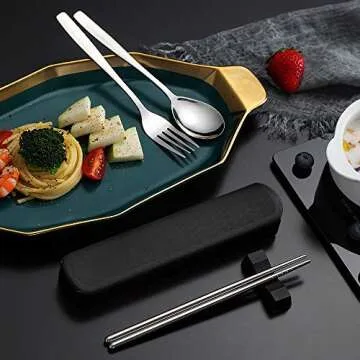 ArderLive Portable Flatware Set, 18/8 Stainless Steel Travel Cutlery Utensil Set, 3-piece Portable Tableware Set includes Spoon, Chopsticks with Case for Outdoor Office, Traveling (Pull-out box+Black)