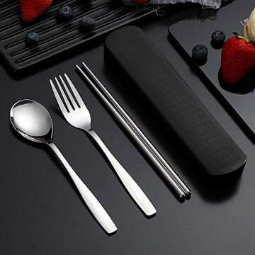 ArderLive Portable Flatware Set, 18/8 Stainless Steel Travel Cutlery Utensil Set, 3-piece Portable Tableware Set includes Spoon, Chopsticks with Case for Outdoor Office, Traveling (Pull-out box+Black)