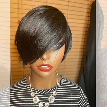 SAGA QUEEN Brazilian Human Hair Pixie Cut Wigs with Bangs for black women No Lace Front Human Hair Short Wigs For Black Women Pixie Short Cut Wigs for Women natural black, 1 Count (Pack of 1)