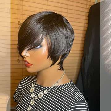 SAGA QUEEN Brazilian Human Hair Pixie Cut Wigs with Bangs for black women No Lace Front Human Hair Short Wigs For Black Women Pixie Short Cut Wigs for Women natural black, 1 Count (Pack of 1)