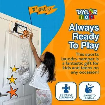 Taylor Toy Basketball Hamper, Sports Inspired Hamper, Over the Door Basketball Laundry Hamper, Kids Hanging Laundry Basket, Sports Hampers for Bedroom Decor