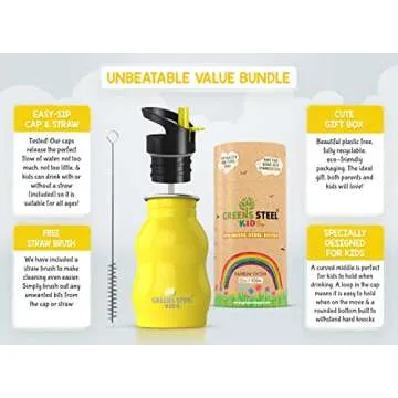 Kids Water Bottle with Straw & Handle, 12 oz, Yellow - Eco Friendly Toddler Cups with Straws - Easy ...