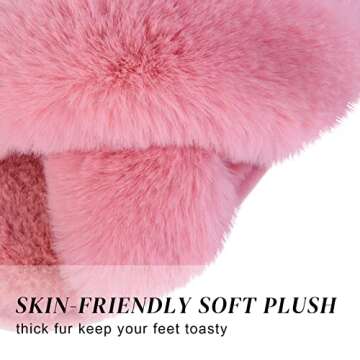 Parlovable Women's Fuzzy Slippers Comfy Cross Band House Shoes Memory Foam Open Toe Indoor Gifts for Ladies Pink 9-10