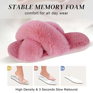 Parlovable Women's Fuzzy Slippers Comfy Cross Band House Shoes Memory Foam Open Toe Indoor Gifts for Ladies Pink 9-10