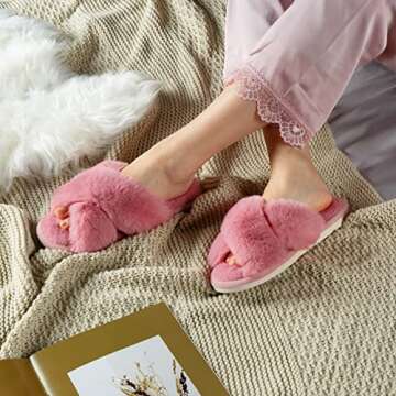 Parlovable Women's Fuzzy Slippers Comfy Cross Band House Shoes Memory Foam Open Toe Indoor Gifts for Ladies Pink 9-10