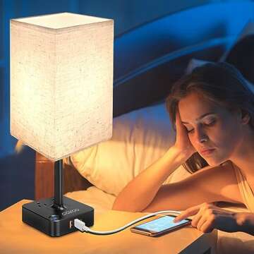COZOO USB Bedside Dimmable Table Desk Lamp with 2 USB Charging Ports 2 Outlets Power Strip, Black Ch...