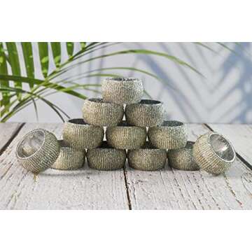 Ajuny Napkin Ring Holder - Handcrafted Beaded Round Decorative Napkin Rings for Dining Table Decor Wedding Party Dinner Set of 6, Silver