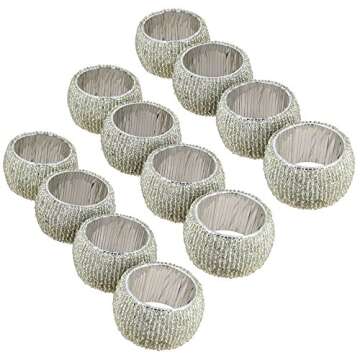 Ajuny Napkin Ring Holder - Handcrafted Beaded Round Decorative Napkin Rings for Dining Table Decor Wedding Party Dinner Set of 6, Silver