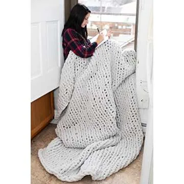 Large Grey Chunky Knit Blanket - (50 x 70) Machine Washable XL Chenille Blanket Super Soft Hand Knit Throw Blanket, Beautiful Home Decor Throw, Couch, Bed, Chair, Sofa, Gift - Light Gray