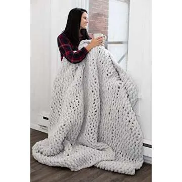 Large Grey Chunky Knit Blanket - (50 x 70) Machine Washable XL Chenille Blanket Super Soft Hand Knit Throw Blanket, Beautiful Home Decor Throw, Couch, Bed, Chair, Sofa, Gift - Light Gray