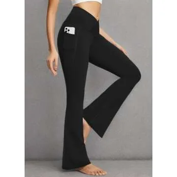 BALEAF Women's Yoga Pants with Pockets High Waisted Flare Leggings Casual Workout Wide Leg Pants Black 32" L