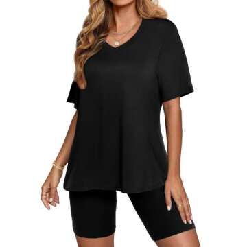 AGSEEM Two Piece Outfits For Women Summer V Neck T-Shirt Tops Biker Shorts Workout Sports Tracksuit