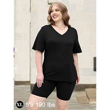 AGSEEM Two Piece Outfits For Women Summer V Neck T-Shirt Tops Biker Shorts Workout Sports Tracksuit