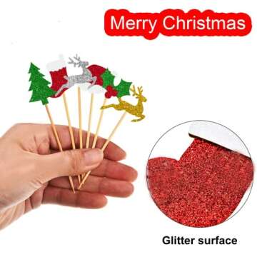 60Pcs Glitter Christmas Cupcake Toppers for Festive Fun