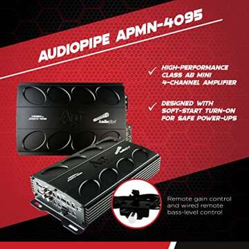Audiopipe APMI-4095 Class AB 1300 Watt Compact Mini MOSFET 4 Channel Amplifier for Car Stereo Sound System with Bass Knob and Bridged Operation