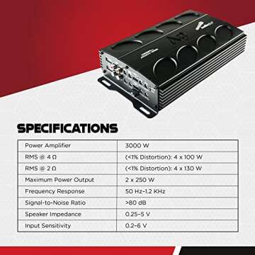 Audiopipe APMI-4095 Class AB 1300 Watt Compact Mini MOSFET 4 Channel Amplifier for Car Stereo Sound System with Bass Knob and Bridged Operation
