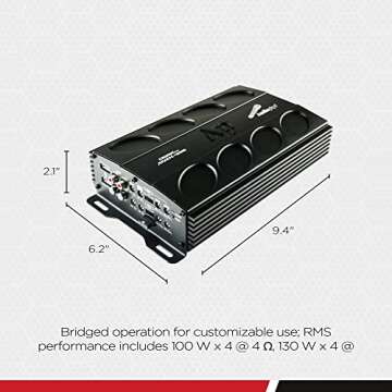 Audiopipe APMI-4095 Class AB 1300 Watt Compact Mini MOSFET 4 Channel Amplifier for Car Stereo Sound System with Bass Knob and Bridged Operation
