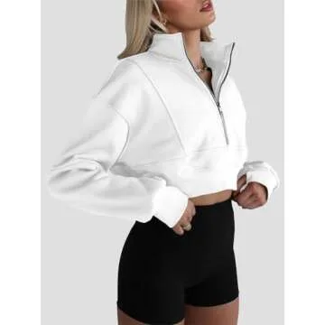 Fisoew Women's Stylish Half Zipper Cropped Sweatshirt White