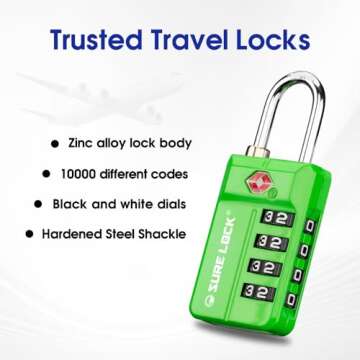 SURE LOCK TSA Approved Travel Luggage Locks, Open Alert Combination Lock for School Office & Gym Locker,Toolbox, Pelican Case,Easy Read Dials- 1, 2 & 4 Pack (1, Green 1 Pack)
