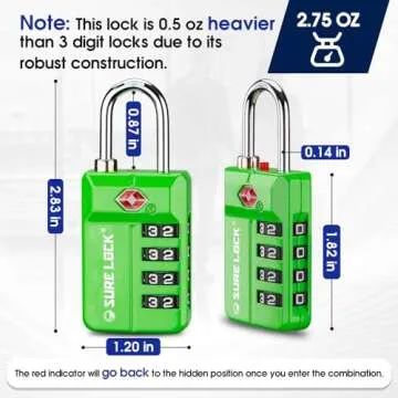 SURE LOCK TSA Approved Travel Luggage Locks, Open Alert Combination Lock for School Office & Gym Locker,Toolbox, Pelican Case,Easy Read Dials- 1, 2 & 4 Pack (1, Green 1 Pack)
