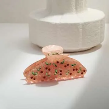 LILIE&WHITE Acrylic Pink Hair Clips For Women Cherry Hair Clip Claw Clips With The Rhinestone Pattern In Red Cherry Strong Hair Fix Hair Clips Accessories Fashion Hair Claw For Women