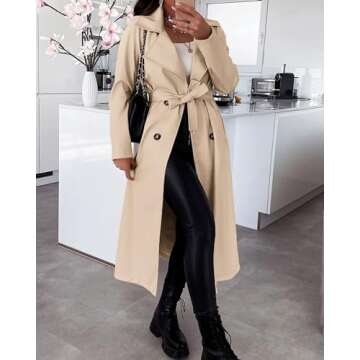 KIRUNDO Women's Trench Coat Long Double-Breasted Spring Fall Fashion 2024 Classic Lapel Slim Overcoat Outerwear With Belt(Beige, Large)