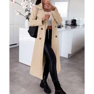 KIRUNDO Women's Trench Coat Long Double-Breasted Spring Fall Fashion 2024 Classic Lapel Slim Overcoat Outerwear With Belt(Beige, Large)