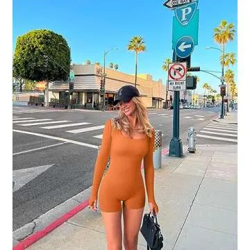 OQQ Women's Yoga Workout Ribbed Long Sleeve Sport Romper, Pumpkin, Large