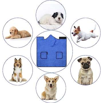 CoiTek Dog Bathrobe Towel with Double Pocket, Wearable Dog Towel Super Absorbent Fast Drying Pet Towel Soft Dog Bath Robe with Hat and Belt for Medium Large Dogs