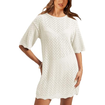 IQSQSQ Women's Relaxed Knit Mini Dress | Versatile & Chic Sundress (White-M)