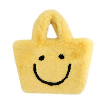 Surell Faux Fur Smile Bag - Girls Y2K Aesthetic Tote Bag - Smiley Yellow Small Tote - Cute Fluffy Ha...
