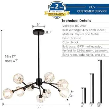 Weesalife Sputnik Chandeliers for Dining Room Light Fixture Over Table, Modern Crystal Chandeliers, 9 Lights Black Lighting Fixtures for Living Room Bedroom Kitchen Island Bar