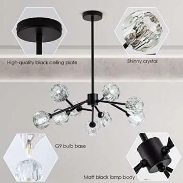 Weesalife Sputnik Chandeliers for Dining Room Light Fixture Over Table, Modern Crystal Chandeliers, 9 Lights Black Lighting Fixtures for Living Room Bedroom Kitchen Island Bar