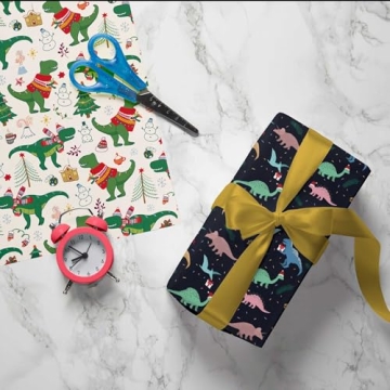Exciting Dinosaur Christmas Wrapping Paper Sheets - 6 Pack