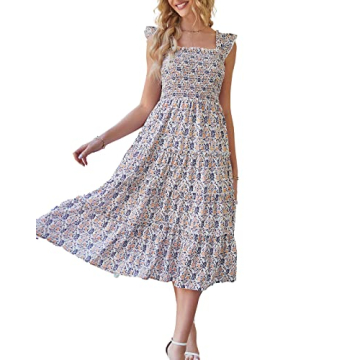 BTFBM Women's Summer Boho Smocked Beach Dresses Floral Flowy Midi Casual Sundress