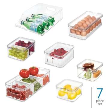 iDesign Crisp 7-Piece Recycled Plastic Refrigerator Organizer Bin Set with Lids, Clear/White