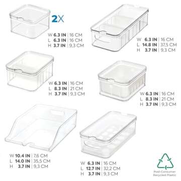 iDesign Crisp 7-Piece Recycled Plastic Refrigerator Organizer Bin Set with Lids, Clear/White