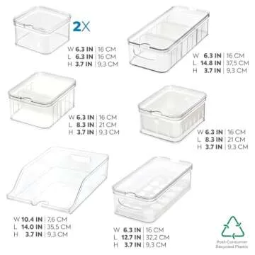 iDesign Crisp 7-Piece Recycled Plastic Refrigerator Organizer Bin Set with Lids, Clear/White