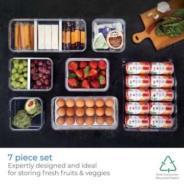iDesign Crisp 7-Piece Recycled Plastic Refrigerator Organizer Bin Set with Lids, Clear/White
