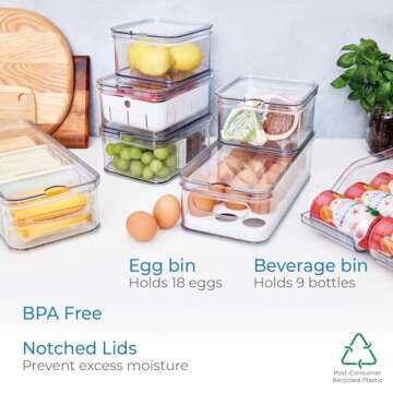iDesign Crisp 7-Piece Recycled Plastic Refrigerator Organizer Bin Set with Lids, Clear/White