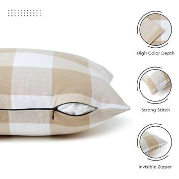 Encasa Homes Farmhouse Throw Pillow Covers Pack of 2 20x20 Buffalo Beige Checks | Decorative Cushion Covers No Insert | Pillow Shams for Fall, Halloween, Thanksgiving, Christmas