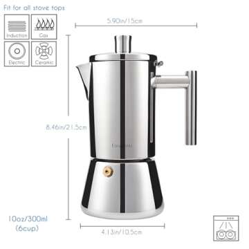 Easyworkz Diego Stovetop Espresso Maker Stainless Steel Italian Coffee Machine Maker 6Cup 10 oz Moka...