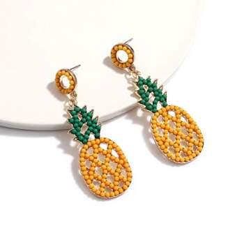 XOCARTIGE Beaded Drop Earrings for Women Boho Seed Bead Dangle Earrings Handmade Tropical Fruit Flamingo Beaded Earrings Studs (Pineapple)