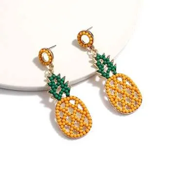 XOCARTIGE Beaded Drop Earrings for Women Boho Seed Bead Dangle Earrings Handmade Tropical Fruit Flamingo Beaded Earrings Studs (Pineapple)
