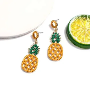 XOCARTIGE Beaded Drop Earrings for Women Boho Seed Bead Dangle Earrings Handmade Tropical Fruit Flamingo Beaded Earrings Studs (Pineapple)